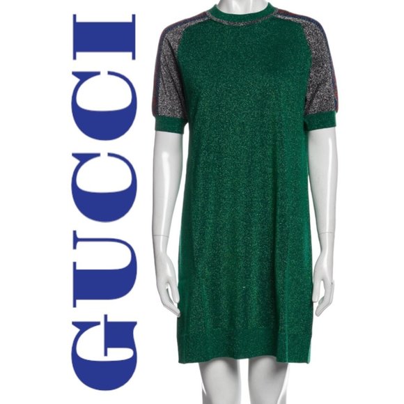 NWT GUCCI Metallic Green Short Sleeve Crew Neck Mini T-Shirt Dress, Size Small - Picture 9 of 13